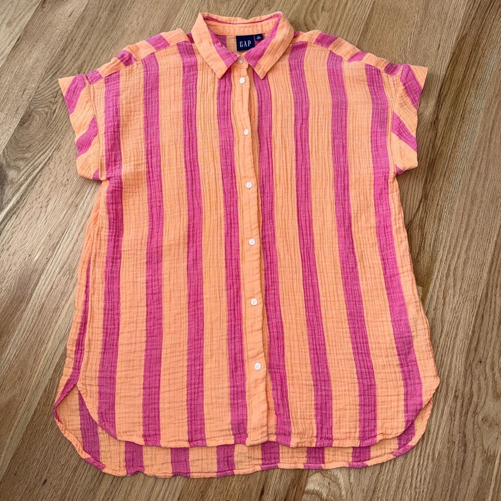 GAP Short Sleeve Button Gauze Cotton Shirt Striped Pink Orange Size Large Tall - Picture 7 of 9